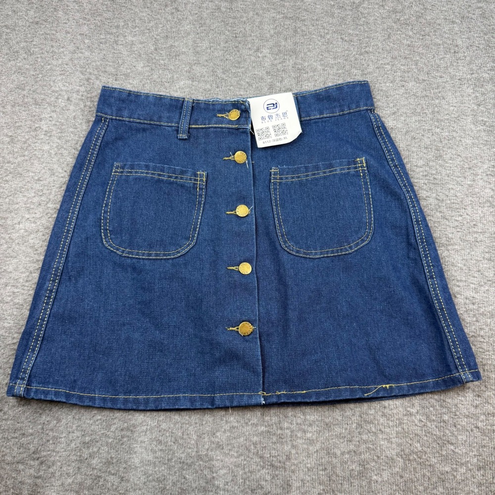 Blue Jeans Denim Mini Skirt Women XL‎ Dark Blue Button Front A-Line Patch Pocket